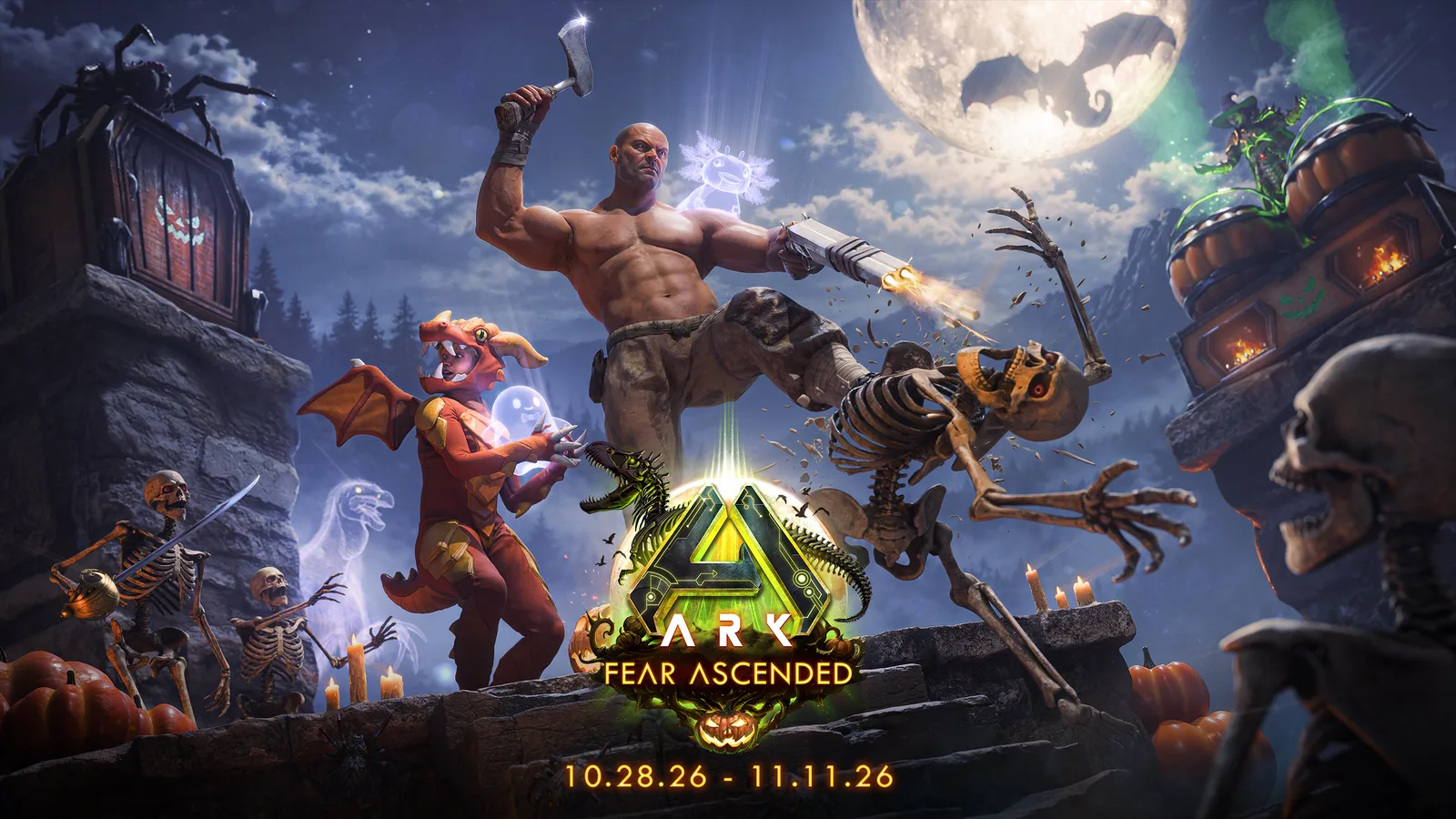 A survivor with skeletal dinos, ghosts and pumpkins under a full moon above the Fear Ascended logo