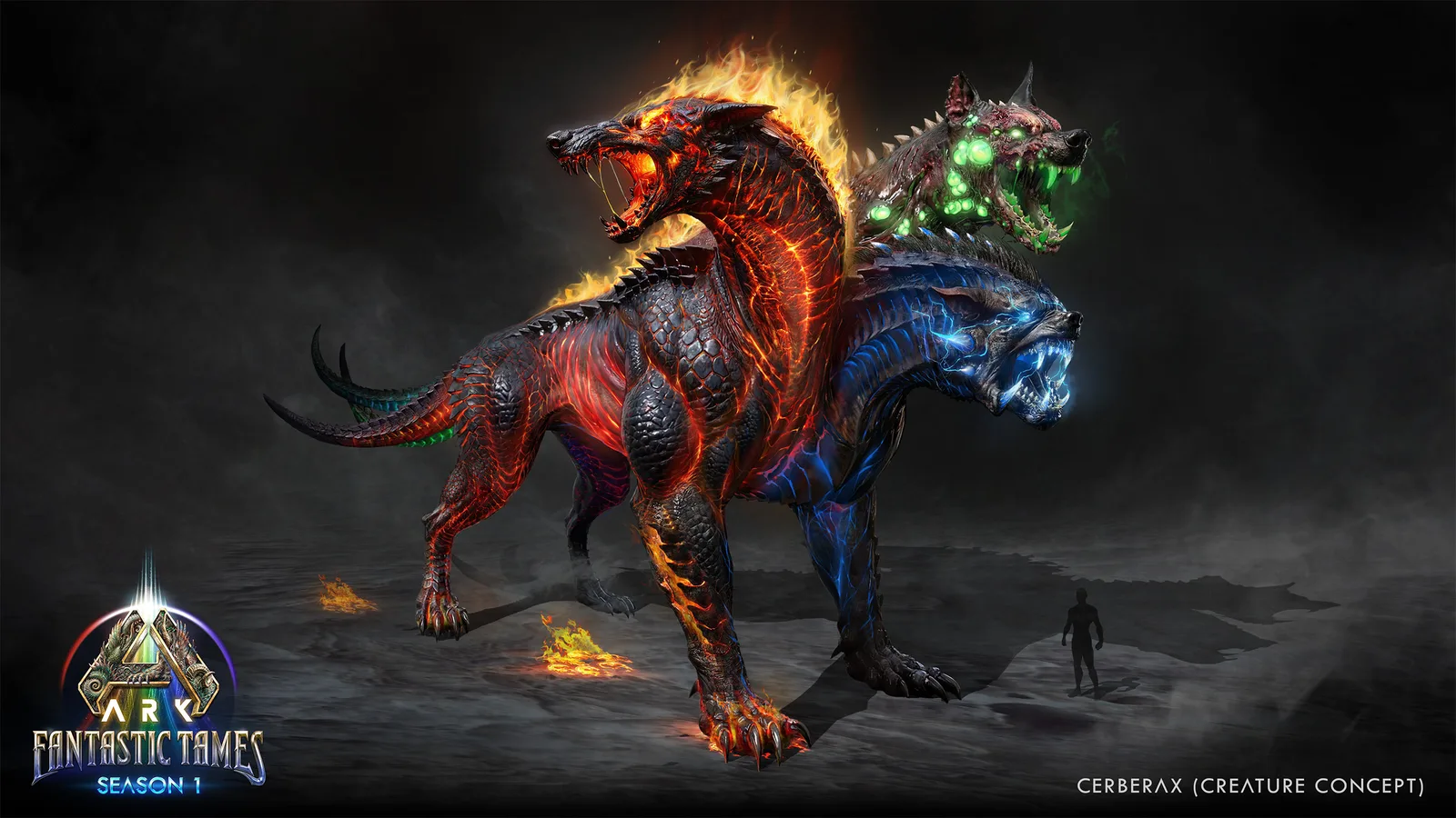 Concept art of the three-headed Cerberax in ARK: Survival Ascended