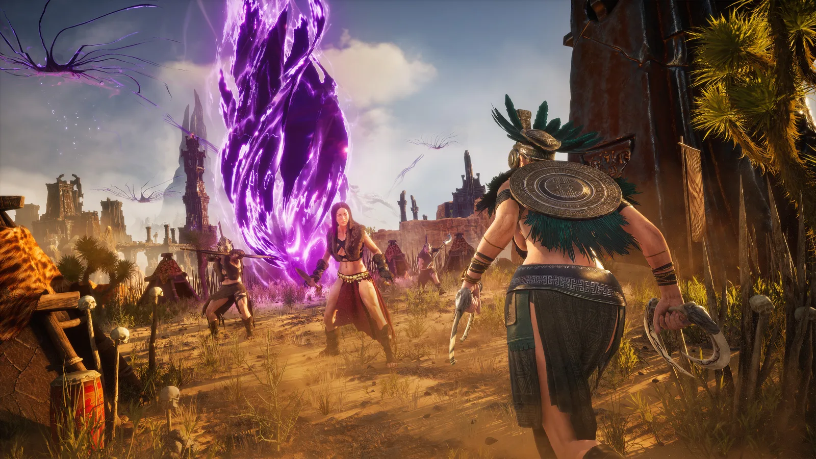 Warriors in a camp in front of a glowing purple Rift in Conan Exiles