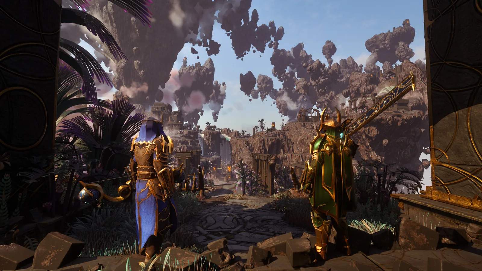 Official Enshrouded 1.0 screenshot: two players facing the floating islands of Cinder’s Cradle