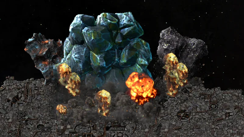 An asteroid exploding on impact with a space platform in Factorio