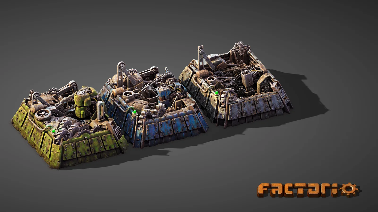 Three redesigned assembling machines from Factorio 2.1 on a grey background