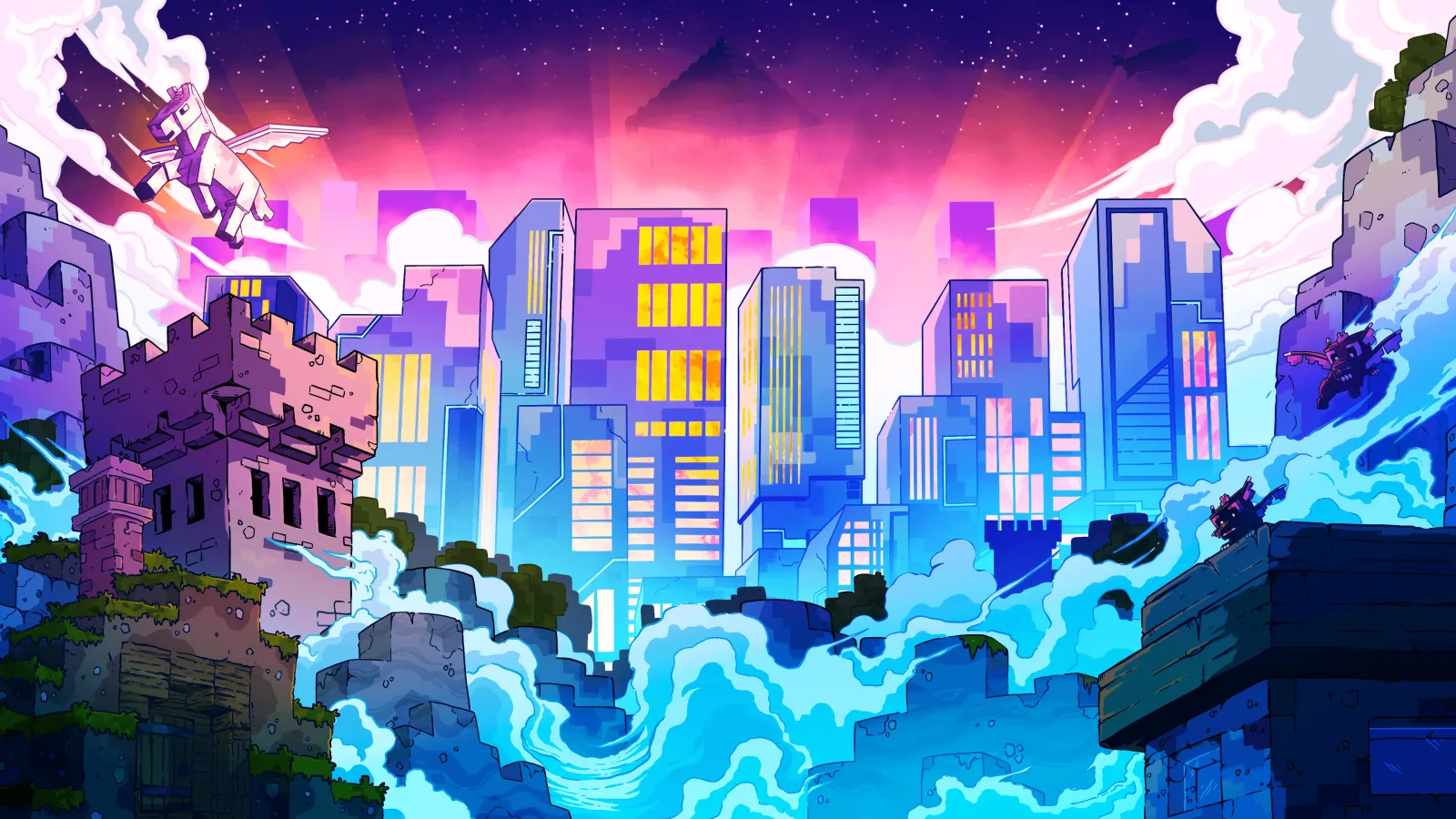 FTB Evolution 2 artwork: a city of Minecraft blocks above clouds and castle ruins
