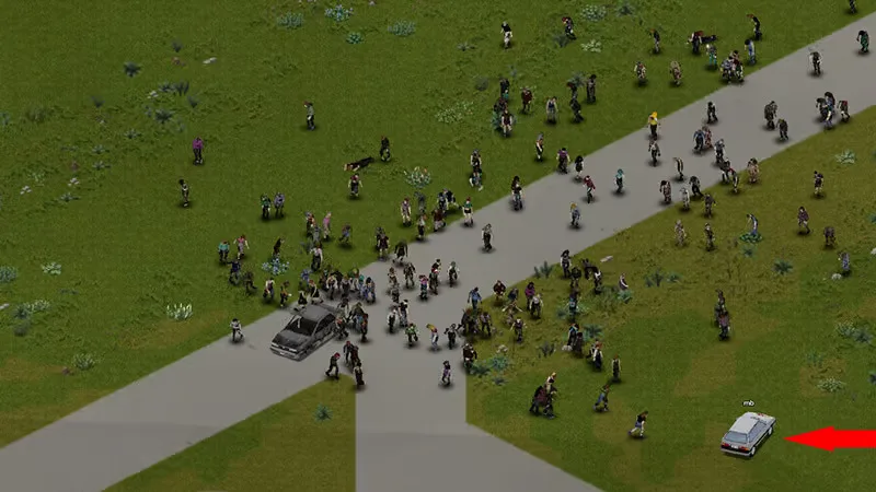 A zombie horde on a road in Project Zomboid
