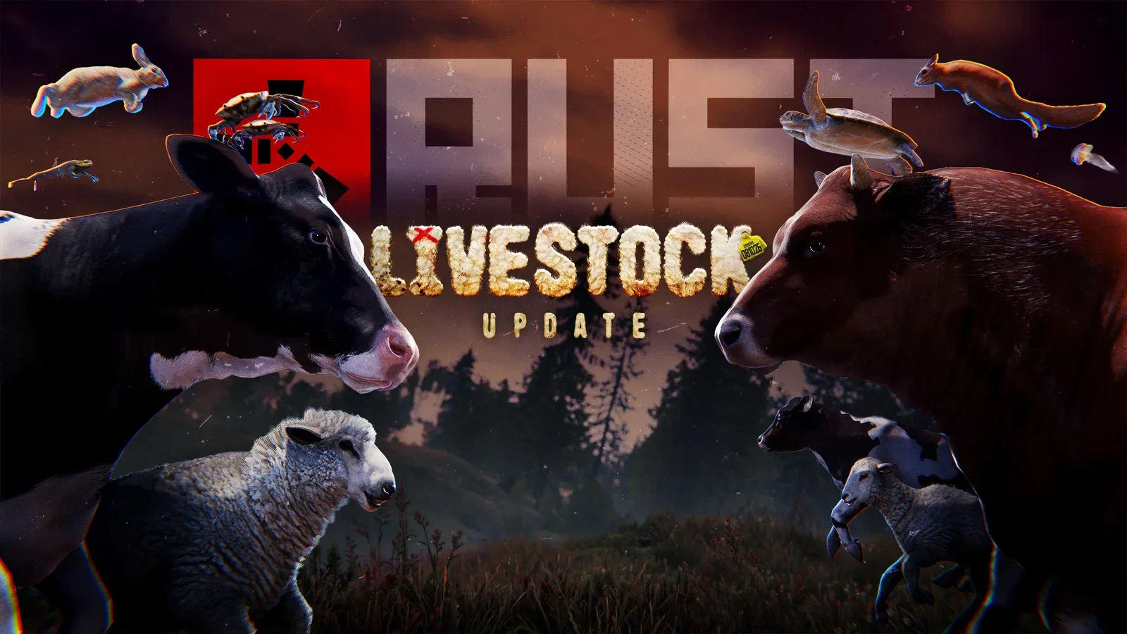 Cows, sheep and small animals in front of a forest with the Livestock update logo