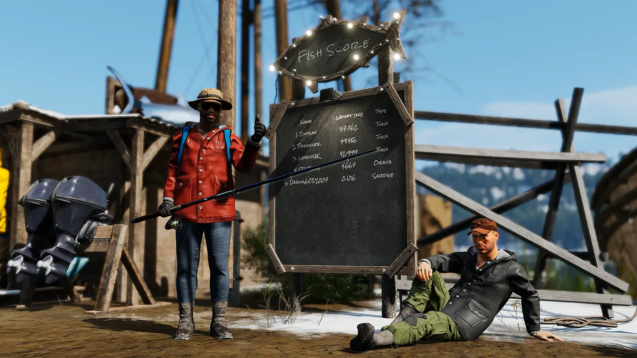 Two prisoners with a fishing rod in front of the Fish Score board in SCUM