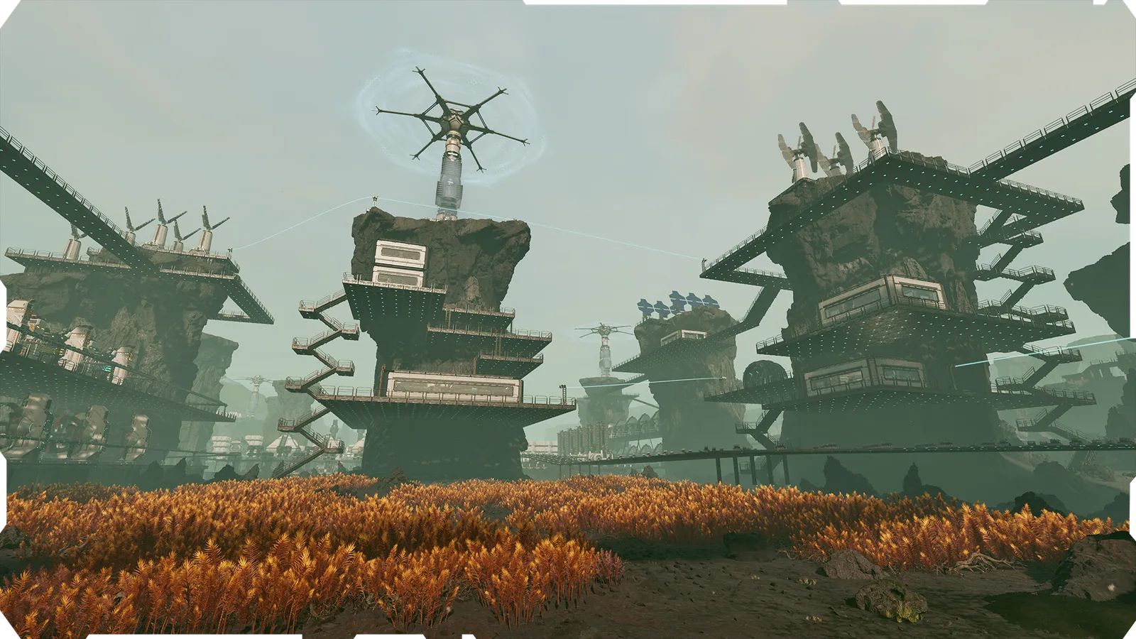 Tall industrial towers rising over grassland in StarRupture