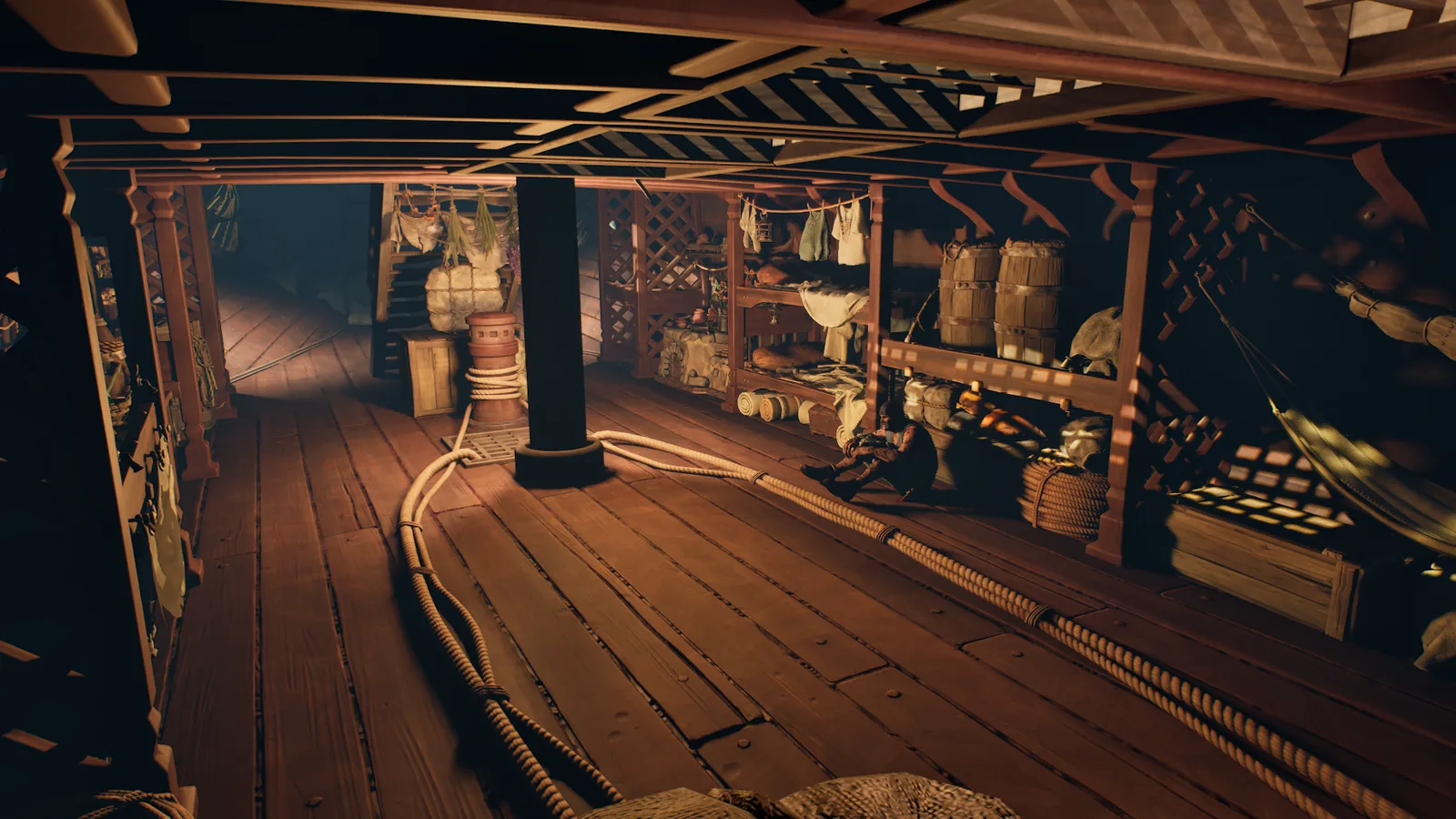 A ship's hold in Windrose with shelves, barrels and supplies