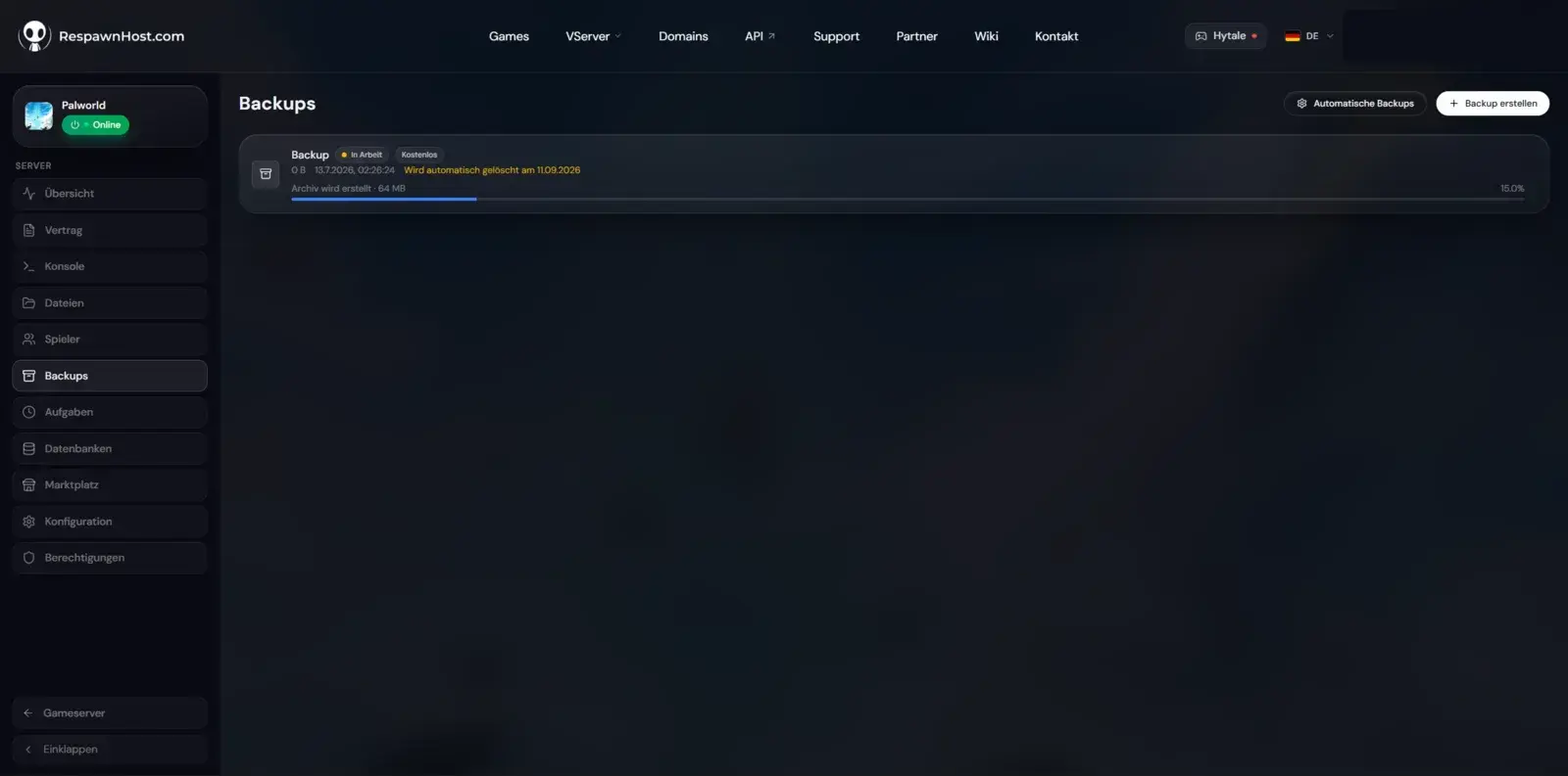 Backup-Verwaltung eines Palworld-Servers im RespawnHost-Panel mit manuellen und automatischen Backups
