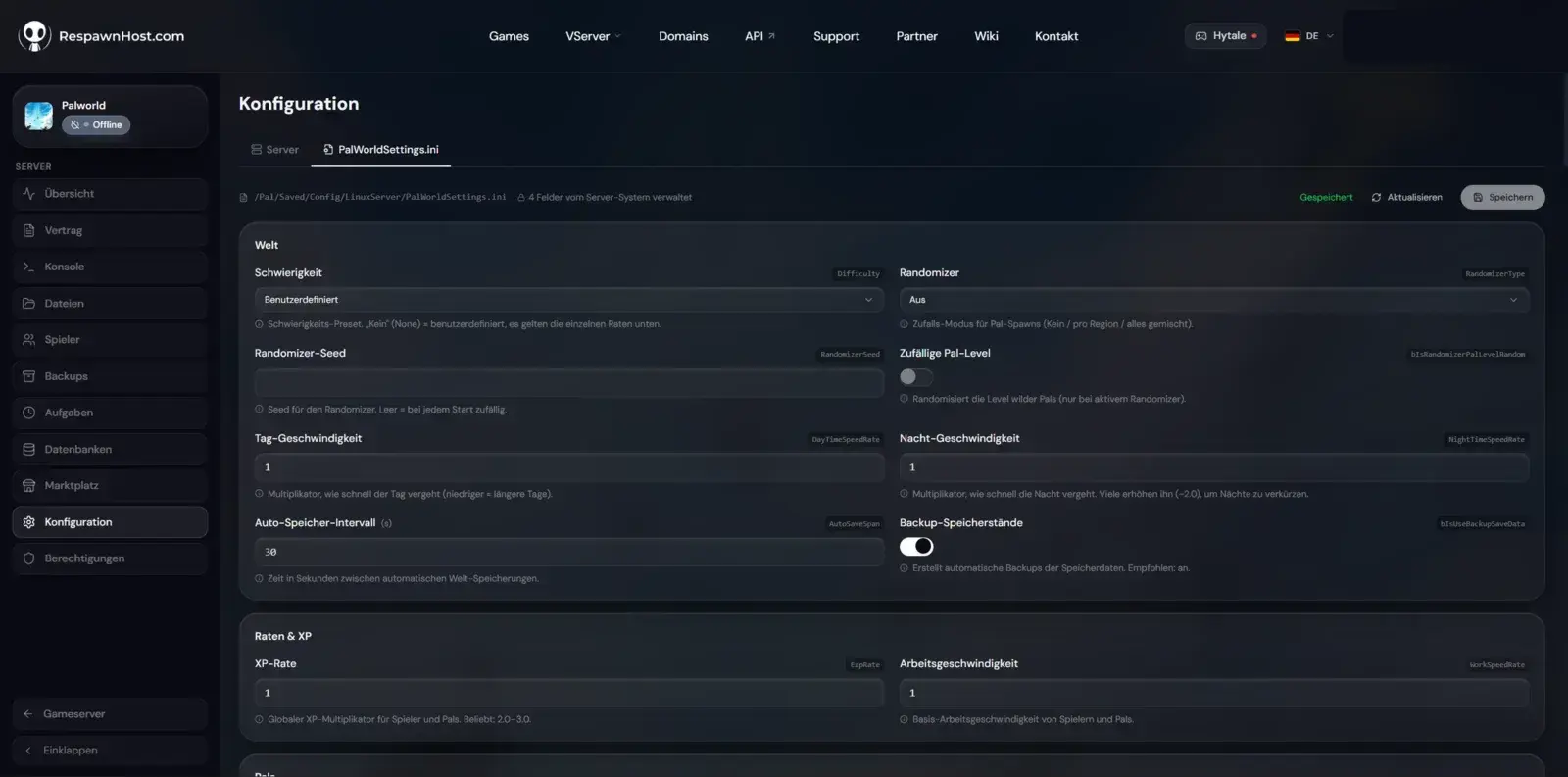 Palworld Config-Editor im RespawnHost-Panel mit Kategorien und Einstellungen wie XP-Rate und Fangrate