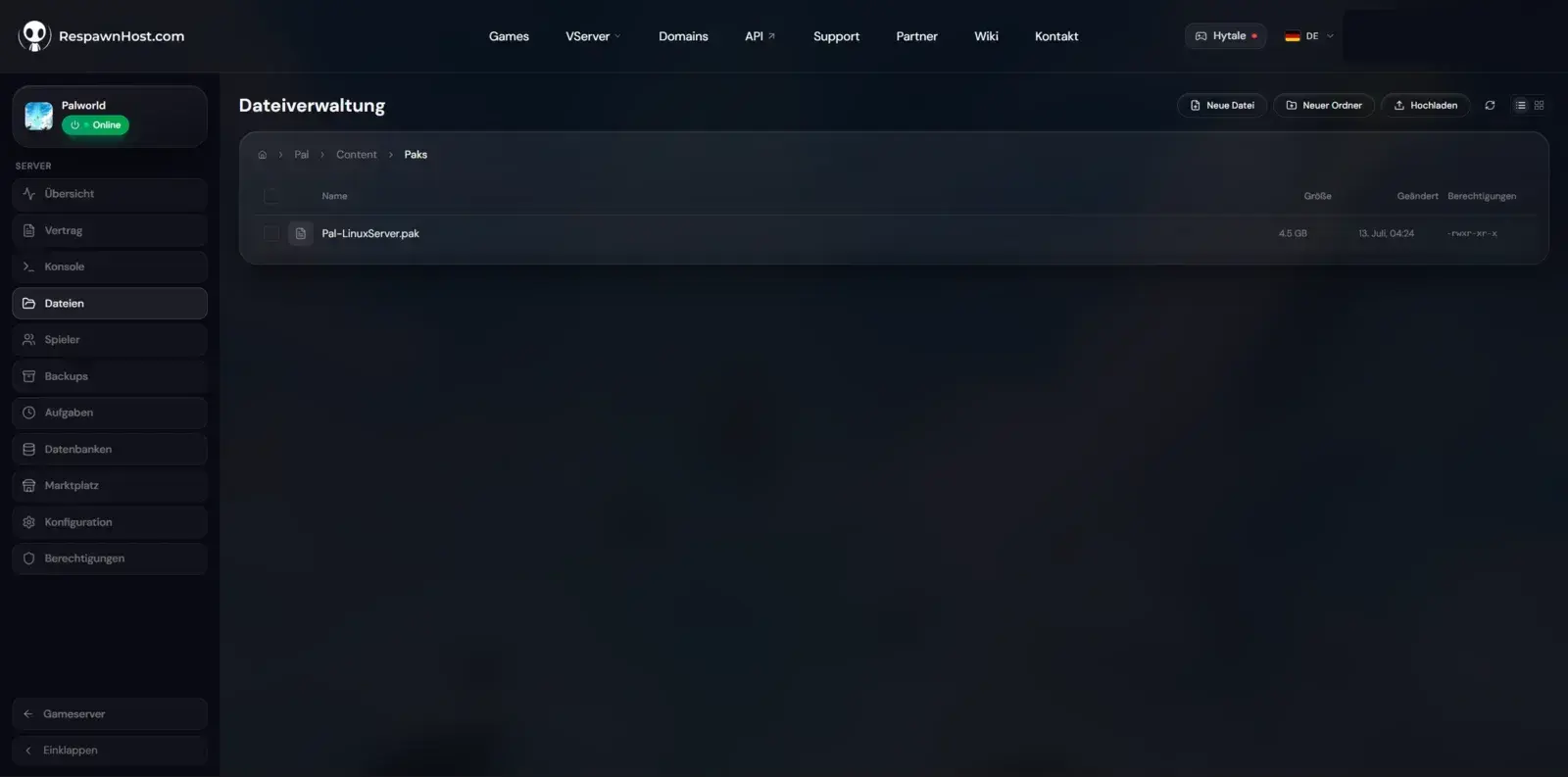 File-Manager im RespawnHost-Panel geöffnet im Ordner Pal/Content/Paks eines Palworld-Servers