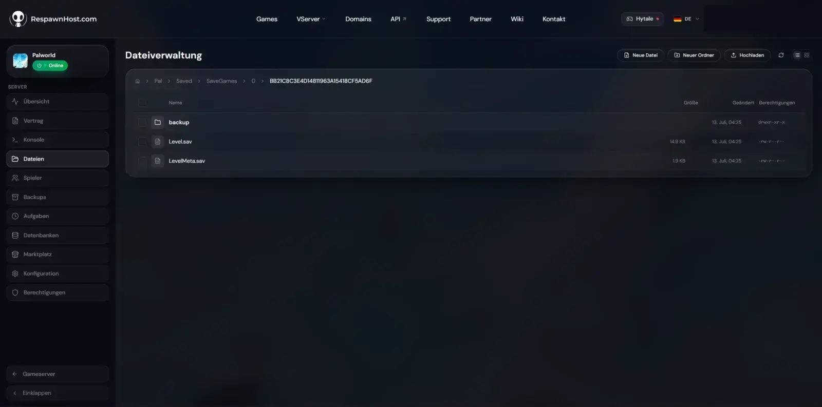 File-Manager im RespawnHost-Panel mit dem Palworld-Welt-Ordner unter Pal/Saved/SaveGames/0 samt Level.sav und Players-Ordner