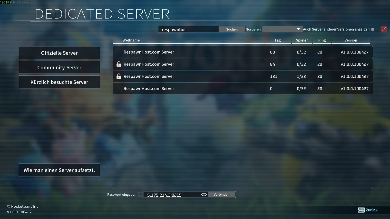 Palworld Community-Server-Browser im Spiel mit Suchfeld und Serverliste