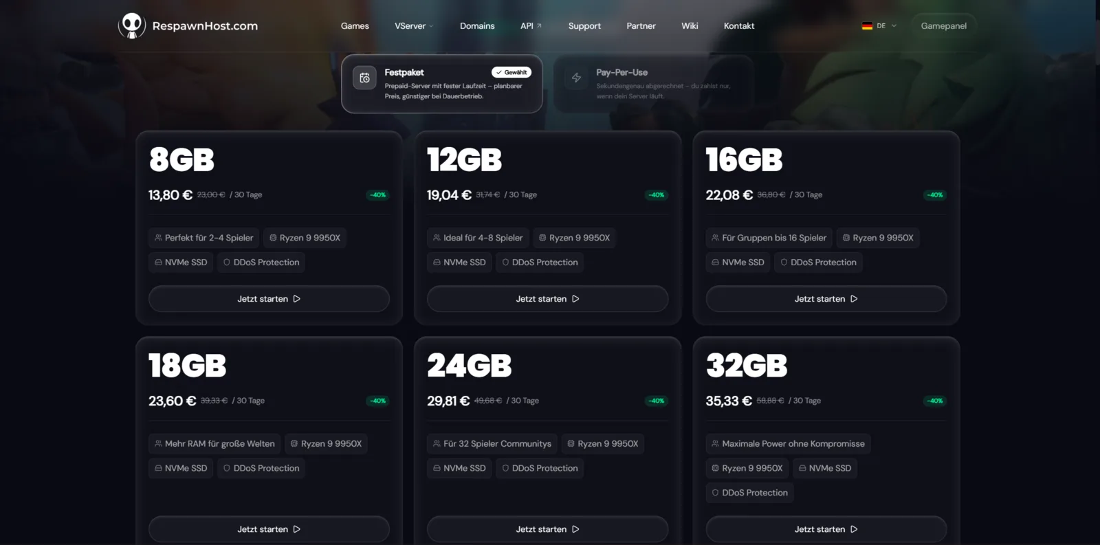 Palworld-Pakete bei RespawnHost: Abrechnungsmodell Festpaket oder Pay-Per-Use und sechs RAM-Stufen von 8 bis 32 GB