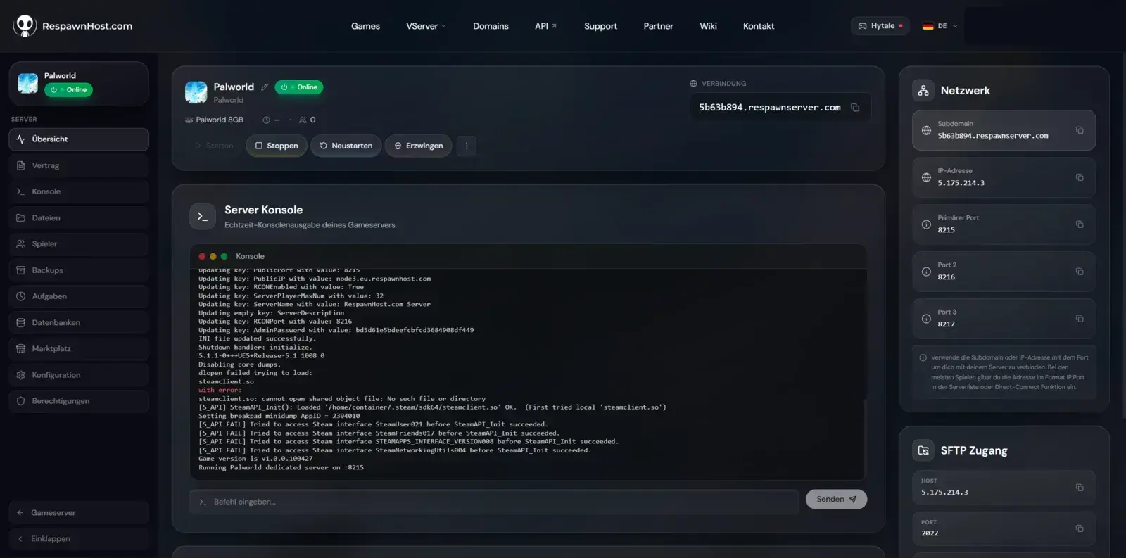 Palworld-Server-Übersicht im RespawnHost-Panel mit Status Online, IP-Adresse und Start-/Stop-Buttons