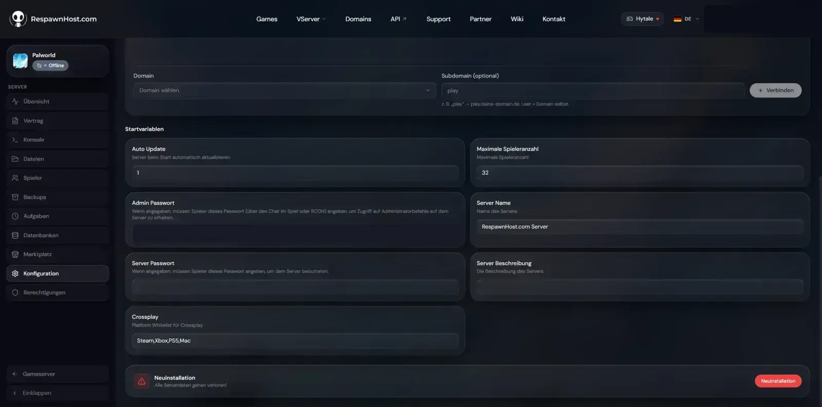 Startup-Variablen eines Palworld-Servers im RespawnHost-Panel: Auto Update, maximale Spieleranzahl, Admin-Passwort, Servername und Crossplay-Plattformen