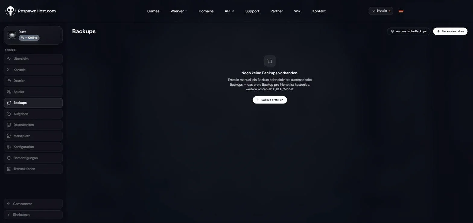 Backup management of a Rust server in the RespawnHost panel with buttons for manual and automatic backups