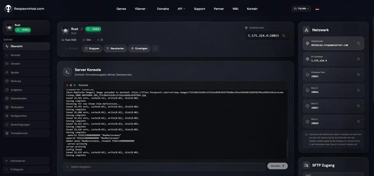 Server console in the RespawnHost panel with executed ownerid command, confirmation Added owner and server.writecfg with Config Saved