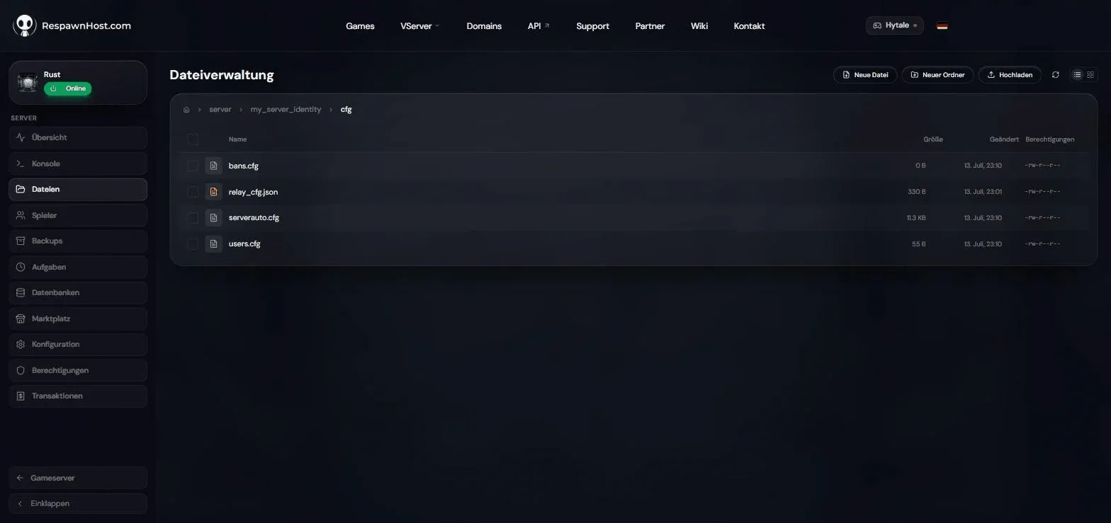 File manager in the RespawnHost panel in the server/my_server_identity/cfg folder of a Rust server with users.cfg, serverauto.cfg and bans.cfg