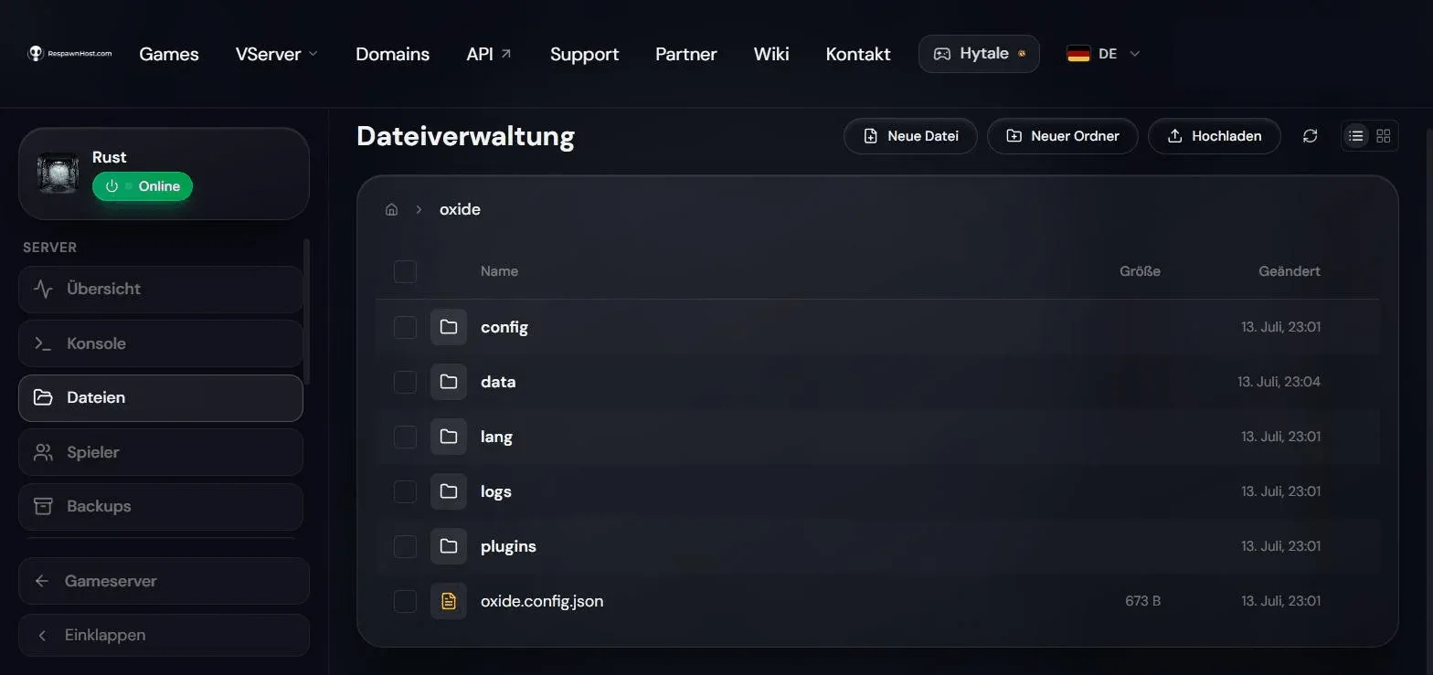 File manager in the RespawnHost panel in the oxide folder of a Rust server with the subfolders config, data, lang, logs and plugins