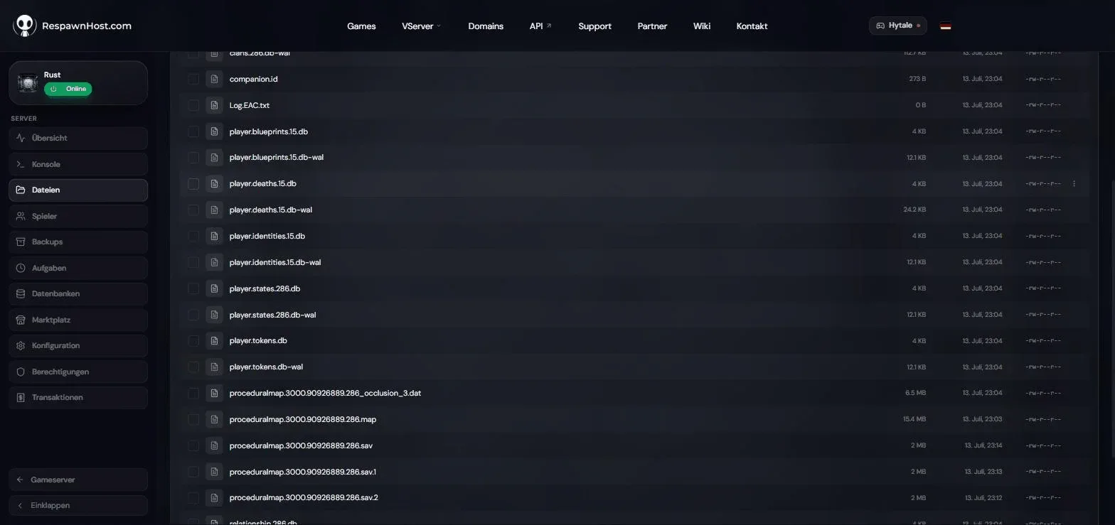 File manager in the RespawnHost panel in the server/my_server_identity folder of a Rust server with proceduralmap files and the player.blueprints database