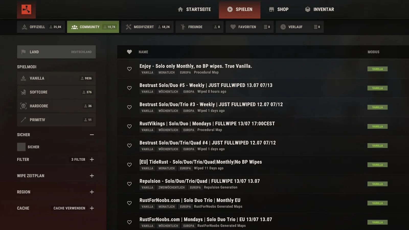 Rust in-game server browser with the tabs Official, Community and Modded plus filters for game modes and wipe schedule