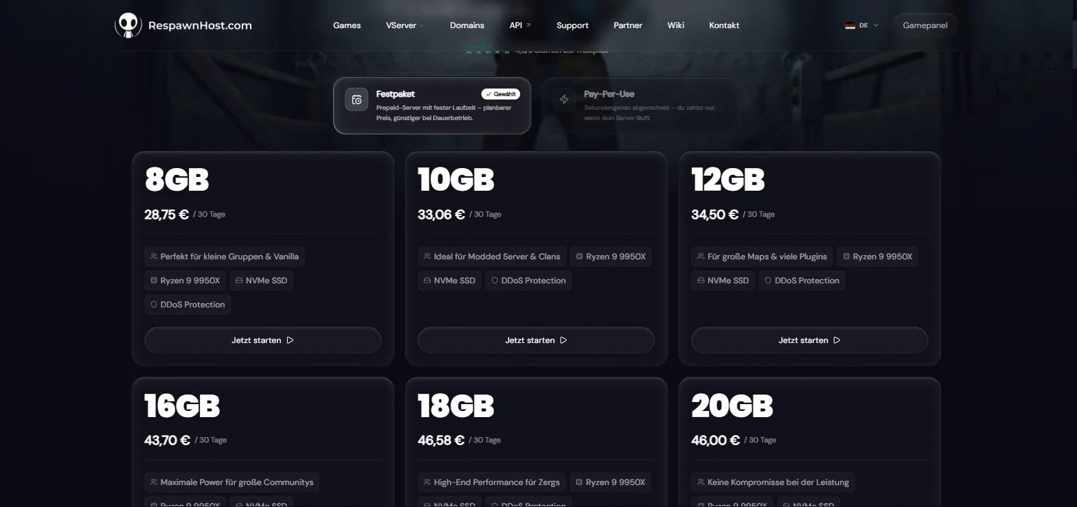 Rust packages at RespawnHost: billing model fixed plan or pay-per-use and six RAM tiers from 8 to 20 GB