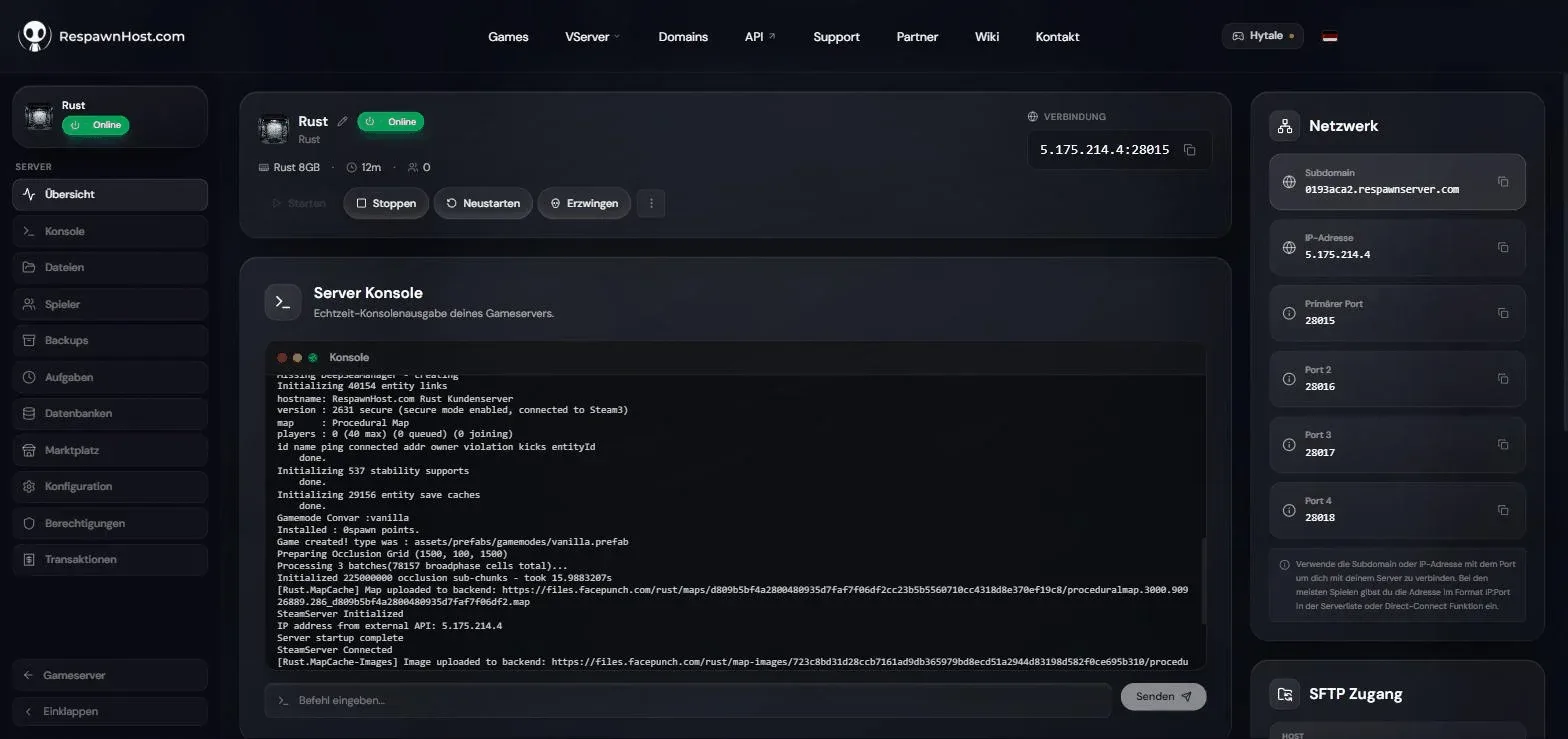 Rust server overview in the RespawnHost panel with status online, IP address with port, live console and network panel