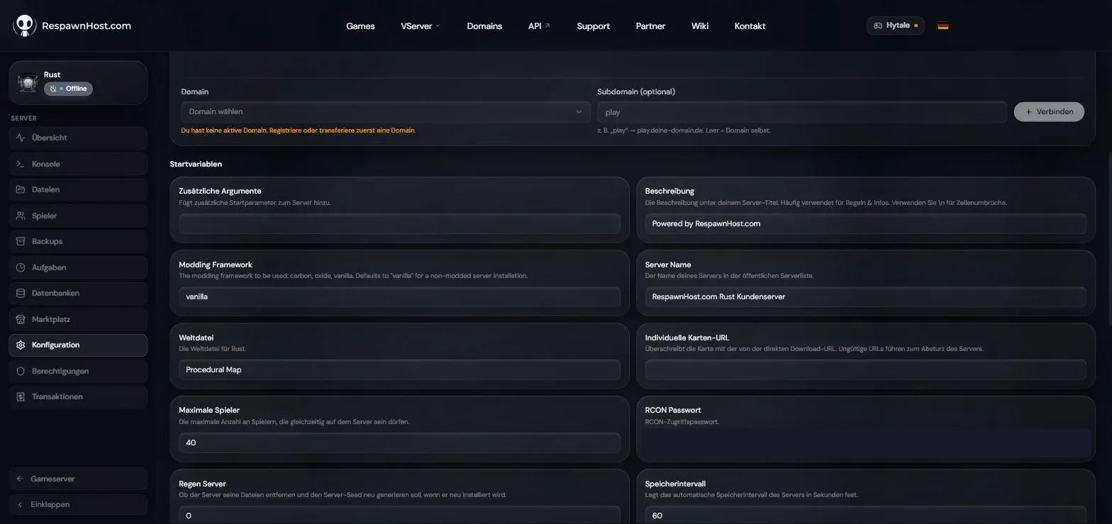 Startup variables of a Rust server in the RespawnHost panel: description, modding framework, server name, world file, map URL, max players and RCON password