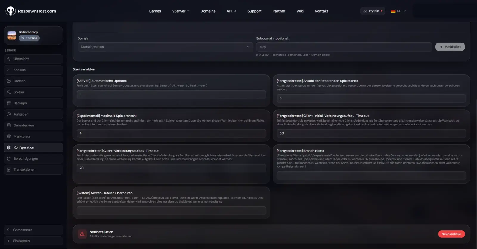 Startup variables of a Satisfactory server in the RespawnHost panel including the max player count option