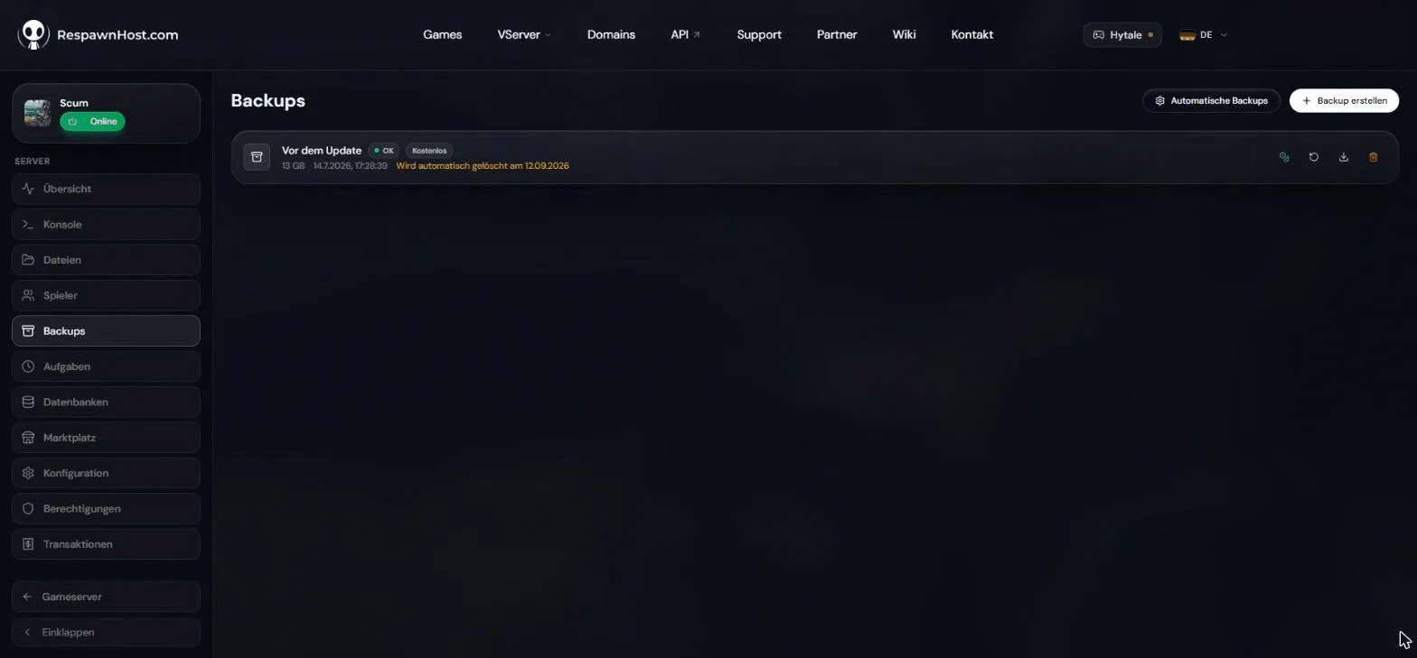 Backup management of a SCUM server in the RespawnHost panel with a finished 13 GB backup and options to restore and download