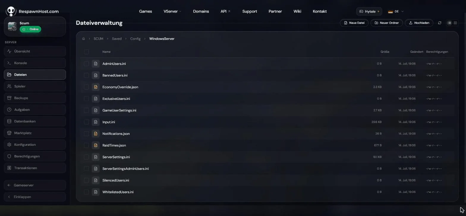 File manager in the RespawnHost panel showing the SCUM user lists: AdminUsers.ini, BannedUsers.ini, ExclusiveUsers.ini, WhitelistedUsers.ini and ServerSettings.ini