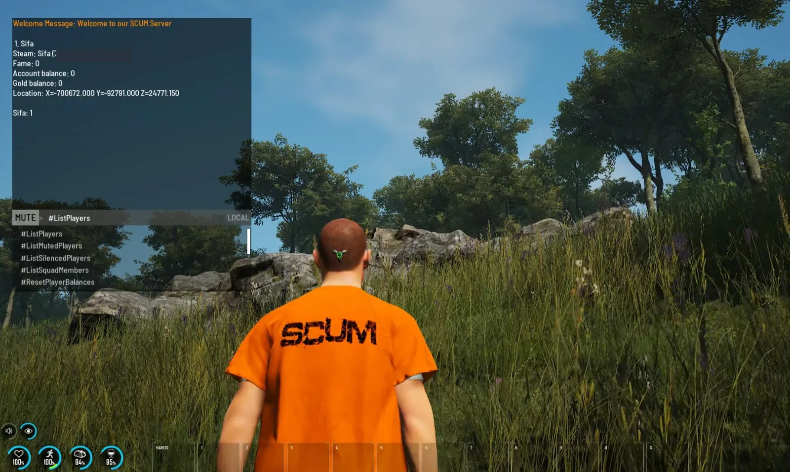 SCUM in-game chat with the #ListPlayers command, the autocomplete list of other # commands and the output showing player name, fame and position