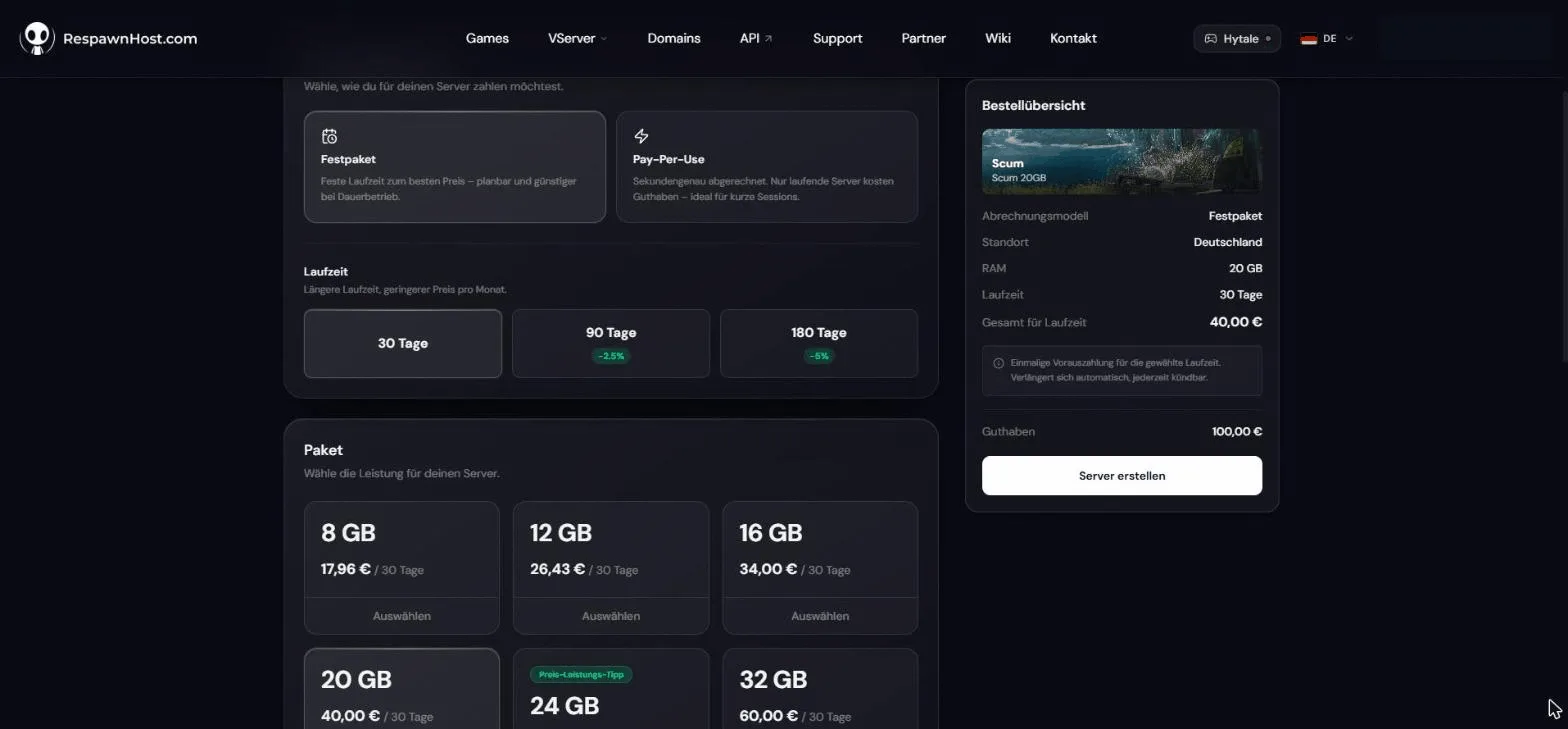 SCUM packages at RespawnHost: fixed plan or Pay-Per-Use billing and six RAM tiers from 8 to 32 GB