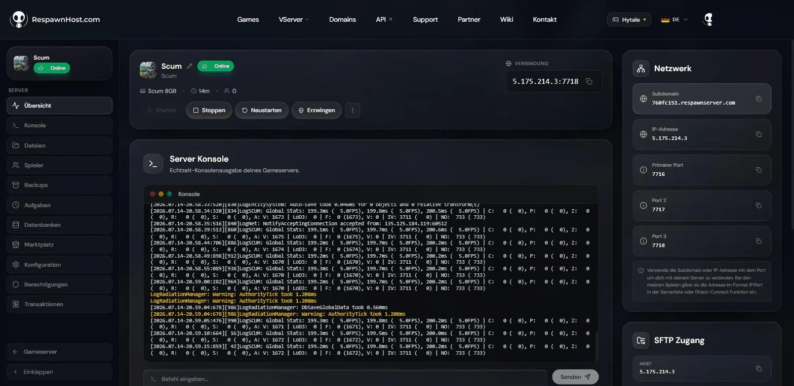 SCUM server overview in the RespawnHost panel with online status, the ready-to-use connection string including port 7718 and the three UDP ports on the right