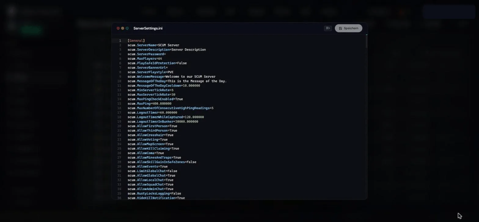 ServerSettings.ini of a SCUM server in the RespawnHost panel's file editor showing the General section with scum. values like MaxPlayers=64