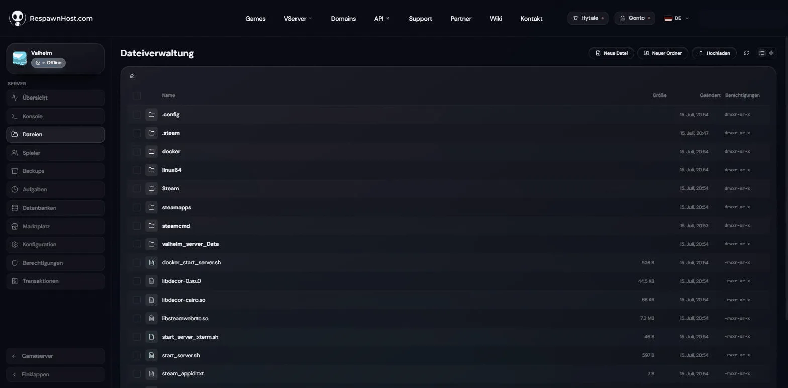 File manager in the RespawnHost panel showing the root directory of a Valheim server including start_server.sh, steamapps and valheim_server_Data