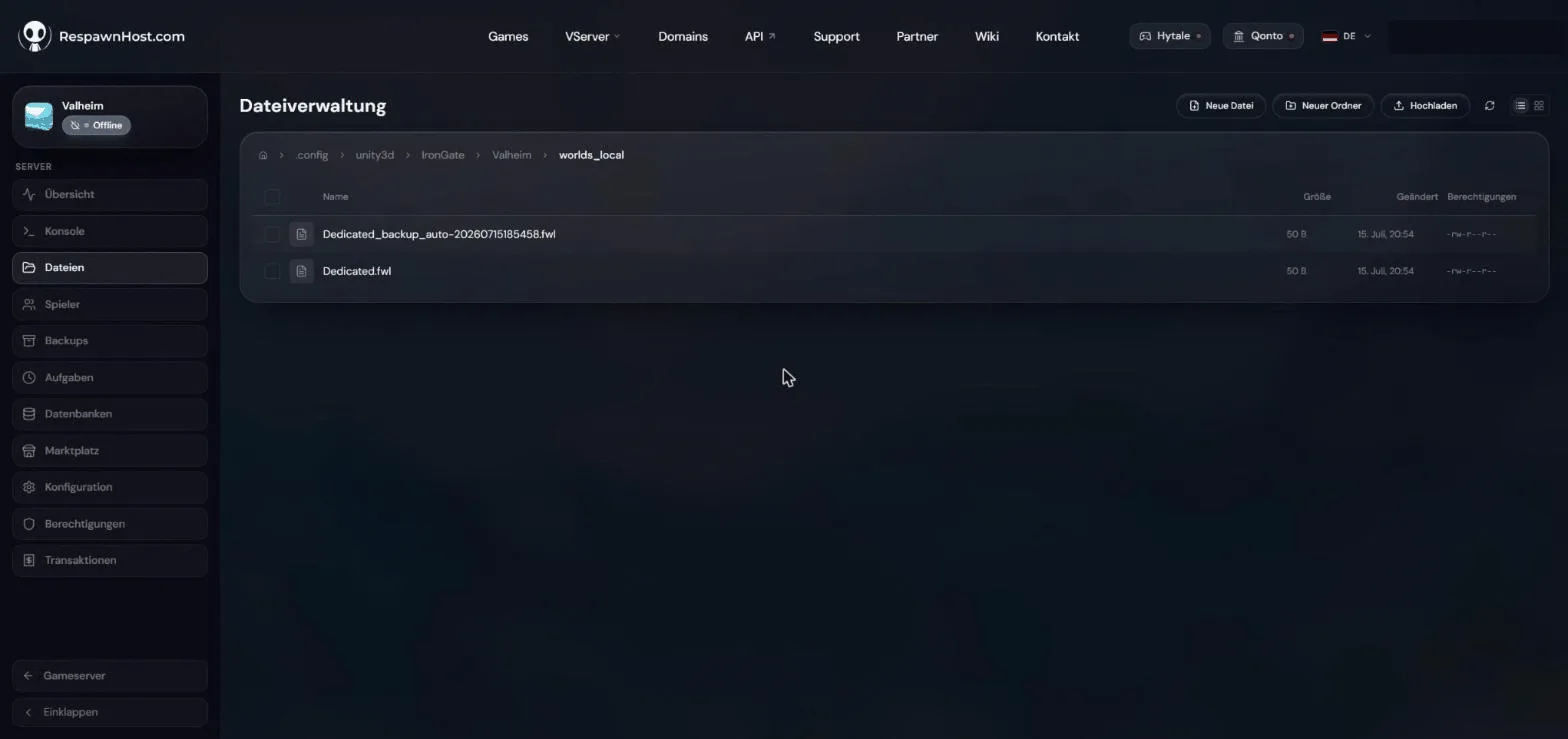 File manager in the RespawnHost panel in the worlds_local folder of a Valheim server showing the world file Dedicated.fwl and an automatic backup