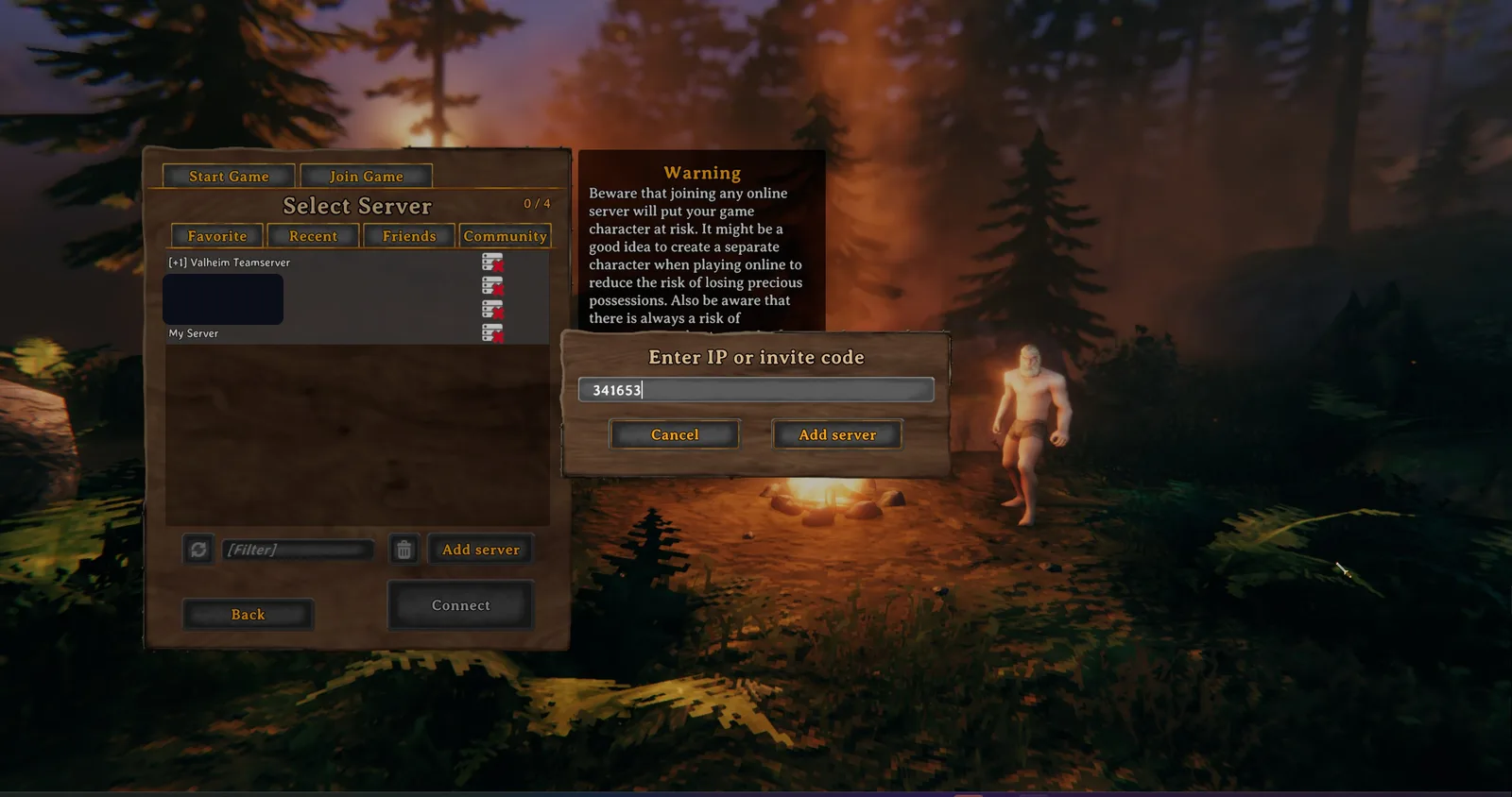 Valheim join menu with the "Enter IP or invite code" dialog and a join code entered
