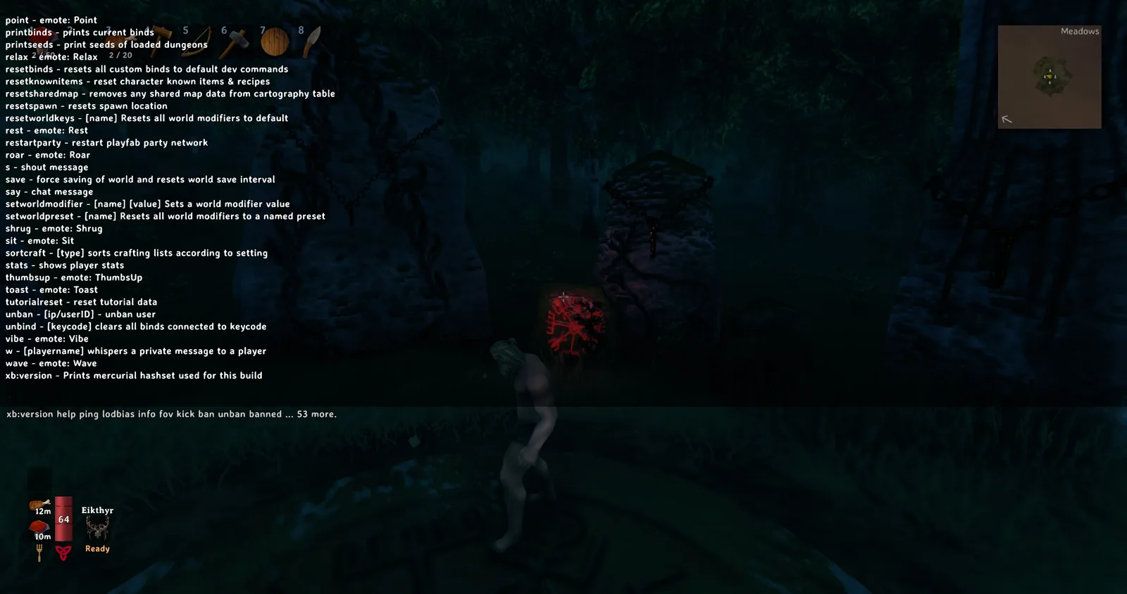 Valheim in-game console (F5) showing the command list including kick, ban, unban and banned