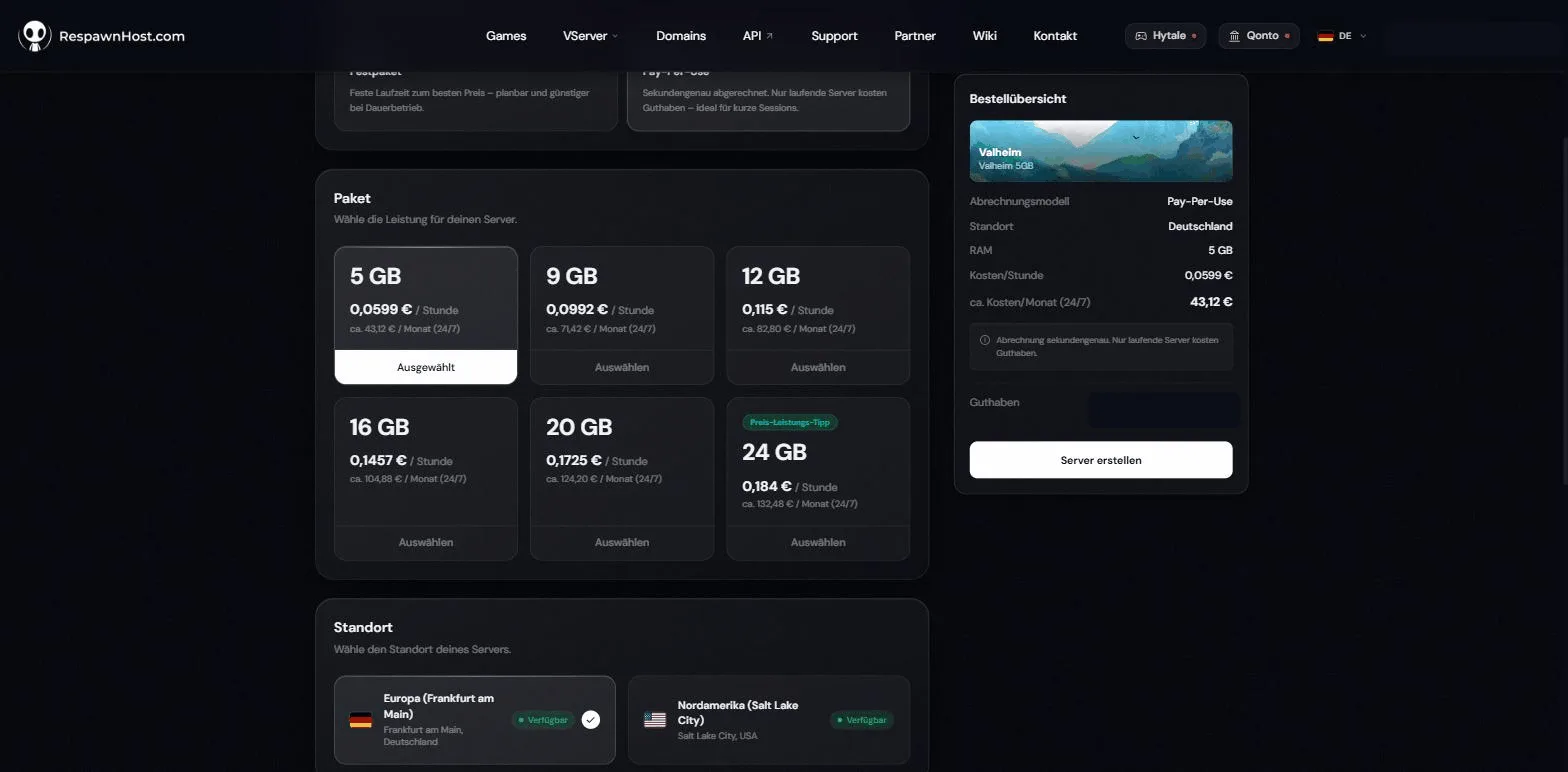 Valheim order page at RespawnHost with the Pay-Per-Use billing model and the RAM packages from 5 to 24 GB