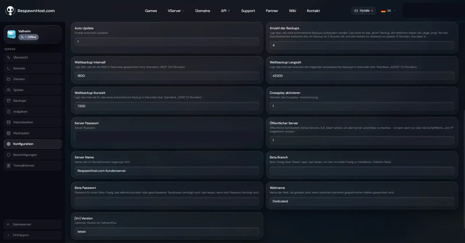 Startup variables of a Valheim server in the RespawnHost panel: auto update, world backups, crossplay, server password and server name