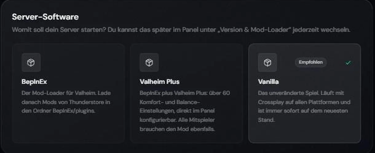 Order page for a Valheim server at RespawnHost: choosing the server software between Vanilla, BepInEx and Valheim Plus