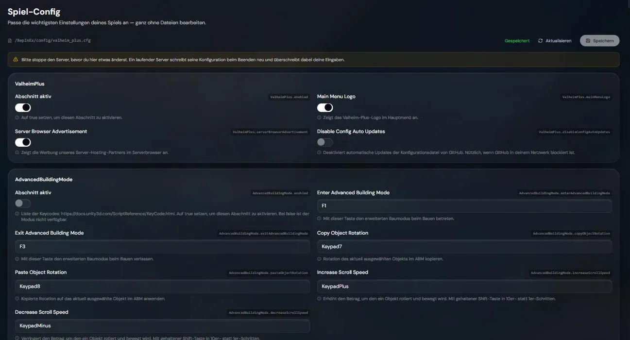 Game config in the RespawnHost panel: valheim_plus.cfg as a form with sections, toggles and an explanation for every value