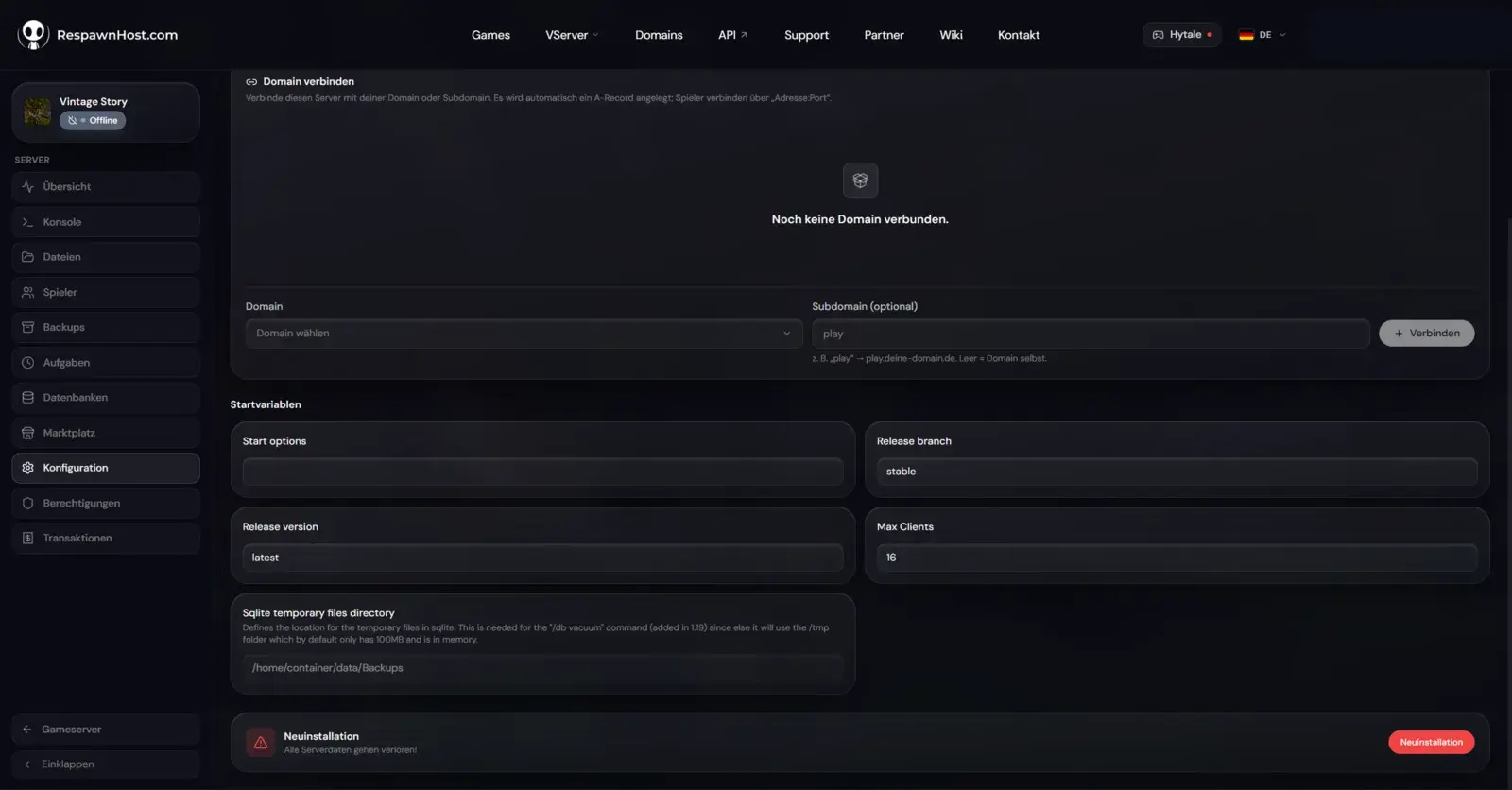 Startup variables of a Vintage Story server in the RespawnHost panel: max clients, release branch and release version
