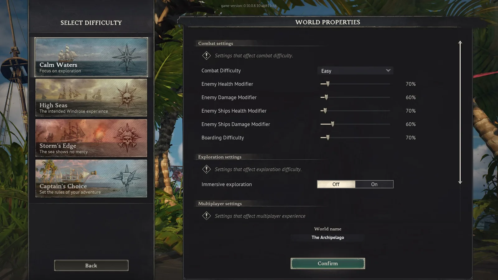 Windrose World Properties when hosting: difficulty presets (Calm Waters, High Seas, Storm's Edge, Captain's Choice) and sliders for enemy health, enemy damage, ship stats and boarding difficulty