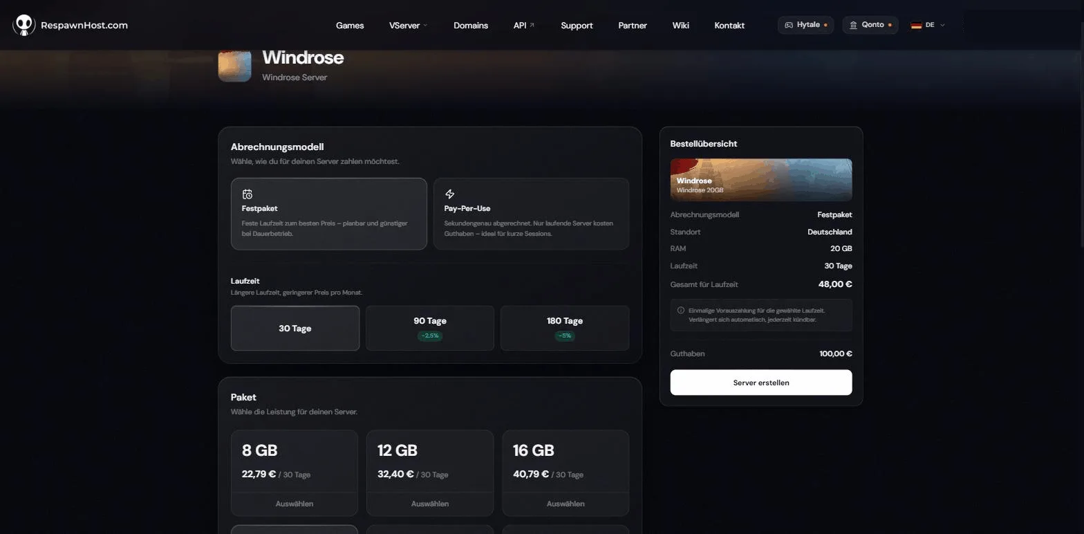 Ordering a Windrose server at RespawnHost: billing model fixed package or pay-per-use, term and RAM packages from 8 to 16 GB