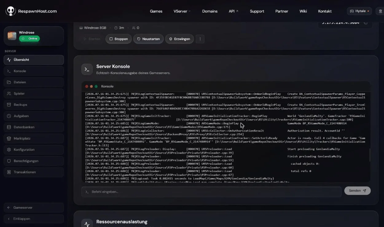 Windrose server overview in the RespawnHost panel with Online status, controls (stop/restart) and the live server console