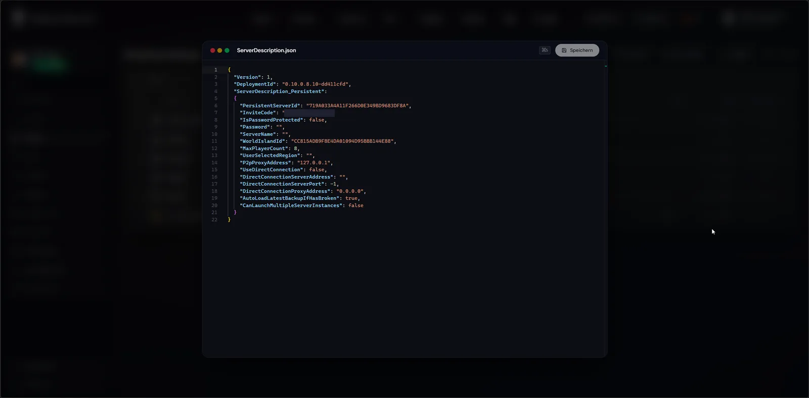 ServerDescription.json of a Windrose server in the RespawnHost panel editor showing InviteCode, IsPasswordProtected, MaxPlayerCount and WorldIslandId