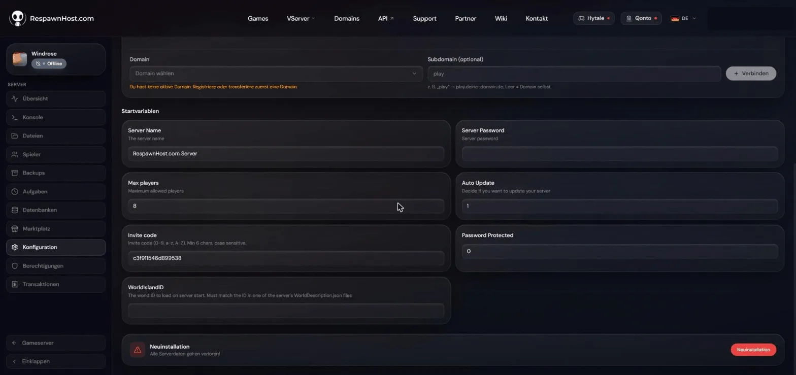Startup variables of a Windrose server in the RespawnHost panel: Server Name, Server Password, Max players (8), Auto Update, Invite code, Password Protected and WorldIslandID